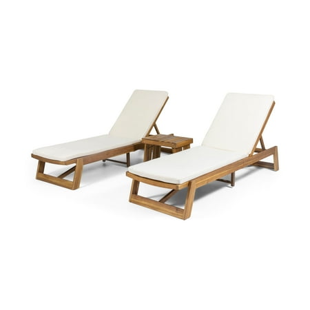 Karyme Outdoor Teak Acacia Wood 3 Piece Chaise Lounge Set with Cream Cushions