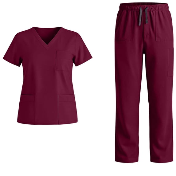 Karymi 3/4 Length Sleeve Womens Tops Scrub Set, V-Neck Short Sleeve Multi-Pocket Top + Elastic Drawstring Waist Pants, Comfortable Stretch Breathable Medical Uniform Womens Tops