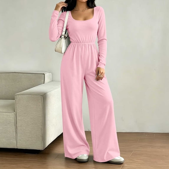 Karymi Athletic Shorts for Women Solid Square Neck Long Sleeve Jumpsuit, Back Zipper Elastic Waist Loose Wide Leg Full Length Casual One Piece Pants Shorts for Women