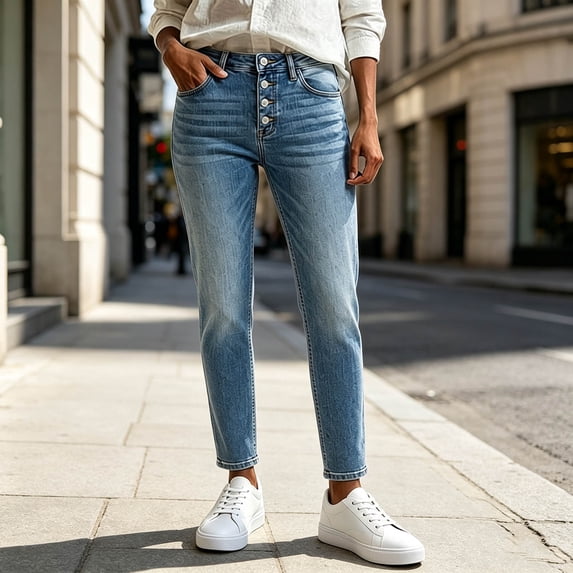 Karymi Athletic Shorts for Women Thick Denim Jeans, High Waist Four Button Fly Closure Straight Long Pants, Full Length Denim Trousers with Side Front Pockets Jeans for Women