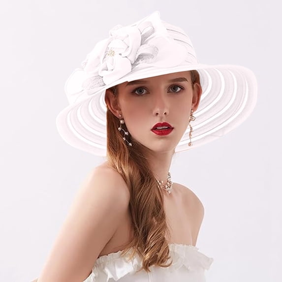 Karymi Baseball Cap Elegant Organza Wide Floppy Brim Dress Hat with Handmade 3D Fabric Flower and Rhinestone, Layered Pleated Sheer Mesh Hat Tea Party Hats for Women