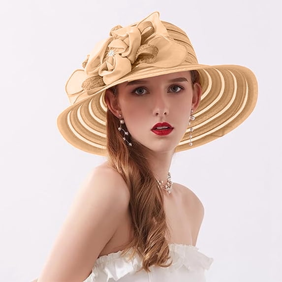 Karymi Beach Hat Elegant Organza Wide Floppy Brim Dress Hat with Handmade 3D Fabric Flower and Rhinestone, Layered Pleated Sheer Mesh Hat Kentucky Derby Hats for Women