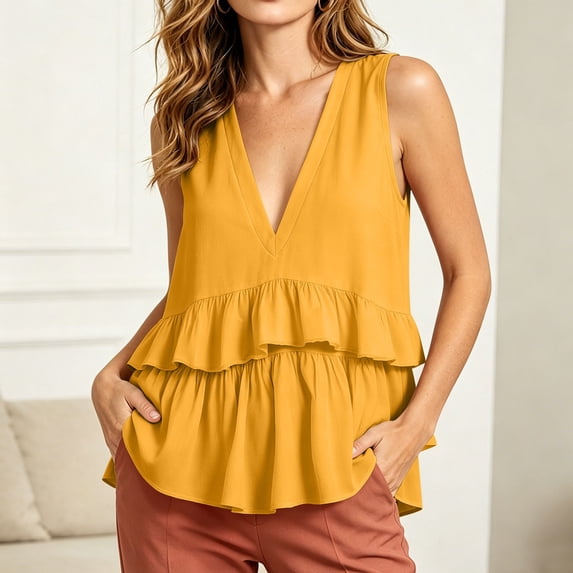 Karymi Blouses for Women Deep V-Neck Sleeveless Ruffle Peplum Top, Tiered Ruffle Peplum Hem Cami Blouse, Solid Casual Summer Flowy Tank Top Short Sleeve Shirts for Women