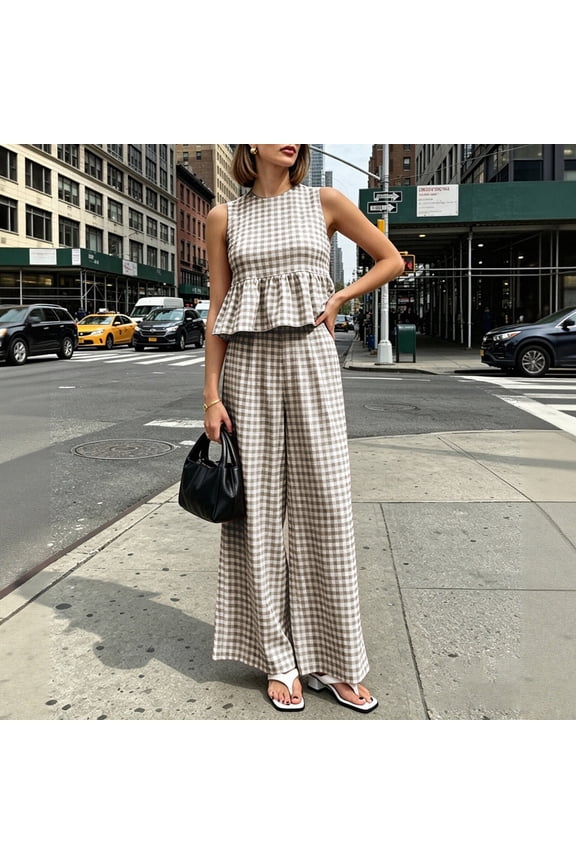 Blouses for Women Dressy Casual 2-Piece Gingham Outfit, Sleeveless Round Neck Peplum Top + High Waist Wide Leg Pants with Pockets, Summer Casual Set Womens T Shirts