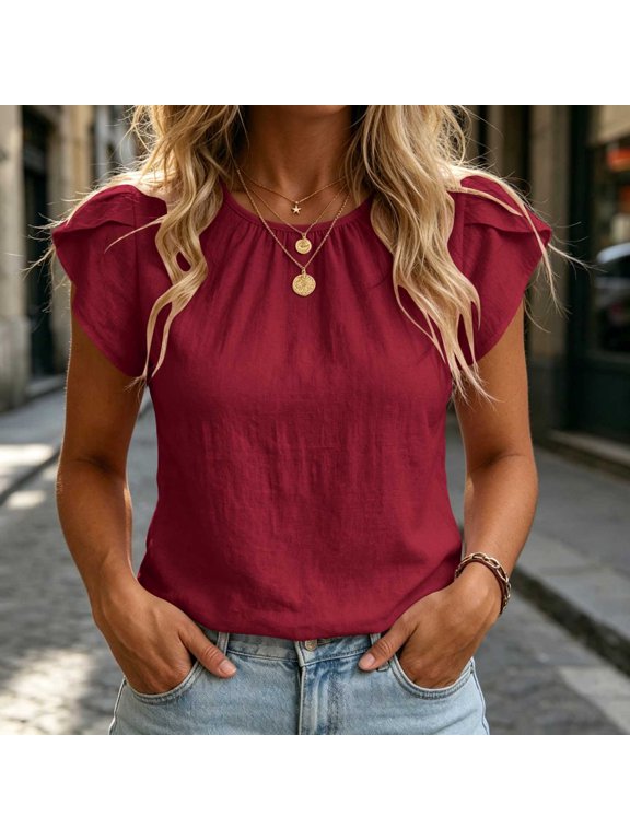 Blouses for Women Dressy Casual Crew Neck Gathered Ruffle Flutter Short Sleeve Blouse, Solid Cotton Linen Blend Casual Top, Loose Fit Summer Tee Shirt Summer Tops for Women 2026