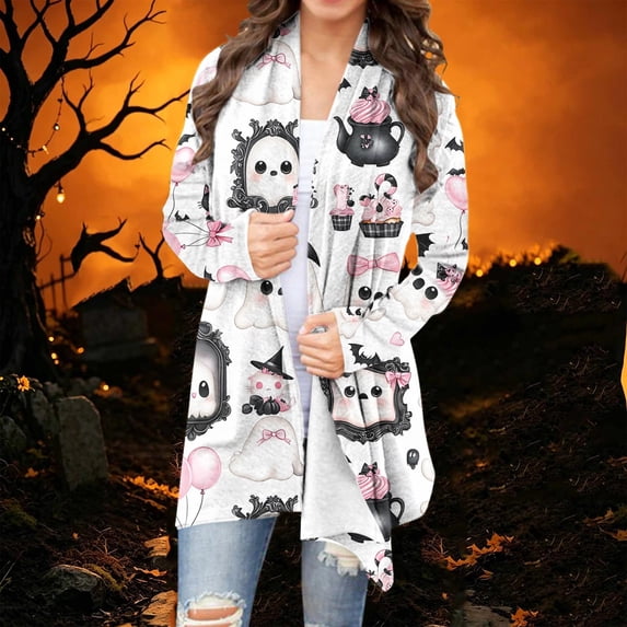 Karymi Blouses for Women Dressy Casual Halloween All Over Print Open Front Cardigan, Long Sleeve Draped Hem Casual Jacket, Spooky Loose Fit Winter Outerwear with Pockets Womens Tops