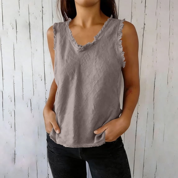 Karymi Blouses for Women Dressy Casual Solid Ruffled Trim Curved V‑Neck Crinkled Textured Sleeveless Tank Top, All‑Around Ruffled Edge Detail Vest Womens Blouses