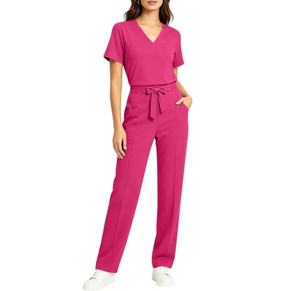 Karymi Blouses for Women Dressy Casual Solid Scrub Set, V-Neck Short Sleeve Loose Top & Elastic Waist Self Tie Bow Straight Leg Pants with Multi Side Pockets Blouses for Women Dressy Casual