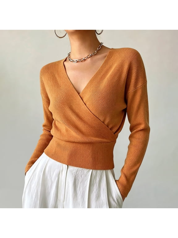 Blouses for Women Dressy Casual Wrap V Neck Waist Cinched Slim Knit Sweater, Solid Mesh Long Sleeve Pullover Top, Cross Surplice Front Cropped Fitted Blouse Womens Tops Dressy Casual