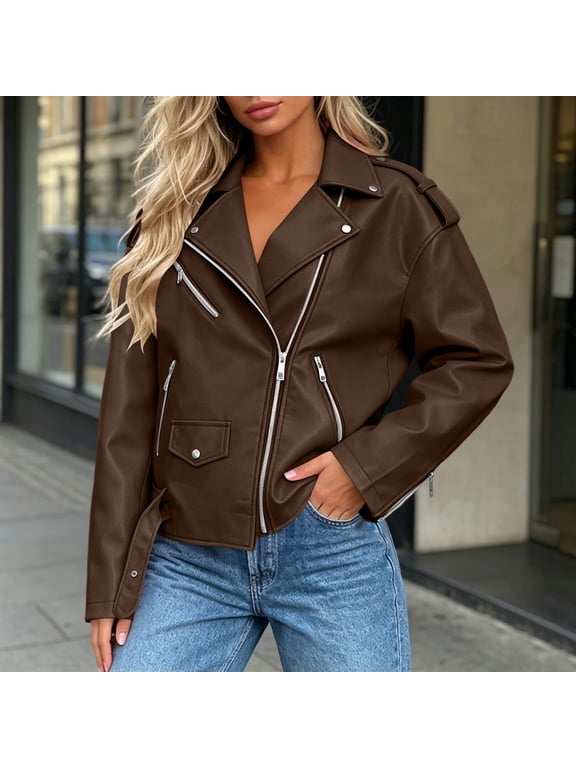 Karymi Blouses for Women Faux Leather Moto Jacket, Asymmetric Zip Lapel Belted Oversized Biker Coat, Retro Streetwear Fake Leather Outerwear Spring Jackets for Women