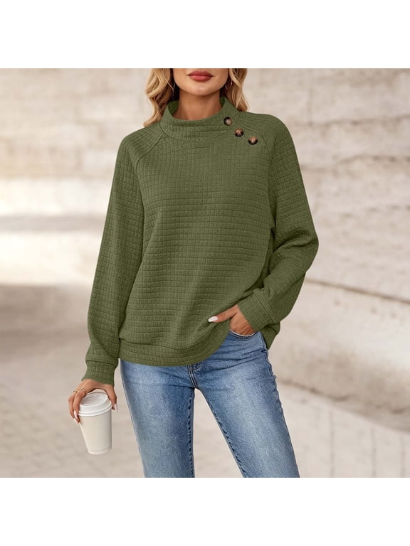 Blouses for Women Solid Grid Waffle Knit Mock Neck Long Sleeve Pullover Top, Asymmetric Wooden Button Raglan Sleeve Casual Sweatshirt Tops for Women Trendy