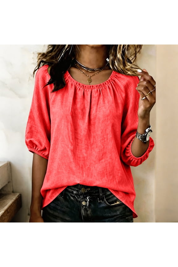 Blouses for Women Gathered Crew Neck 3/4 Puff Sleeve Blouse,Casual Linen‑Cotton Blend Loose‑Fit Top,Elastic Cuffs Shirt Tops for Women Trendy