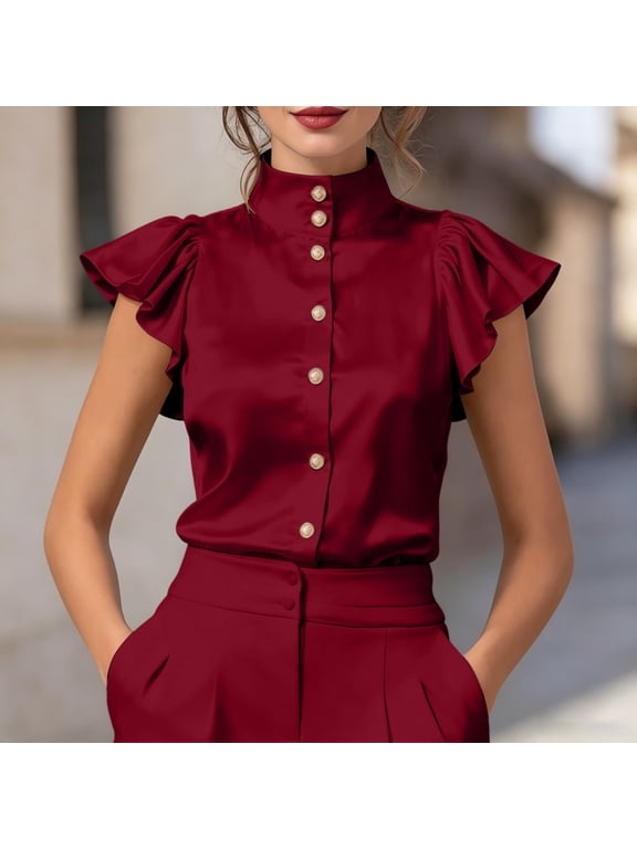 Blouses for Women Solid High Neck Blouse, Ruffled Cap Sleeve Button-Down Shirt, Elegant Workwear Top, Office Commute Blouse Womens Summer Tops