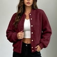 thumbnail image 1 of Karymi Button‑Down Fake Sherpa Fleece Jacket, Solid Stand Collar Long Sleeve Casual Short Outerwear with Side Pockets, 1 of 6