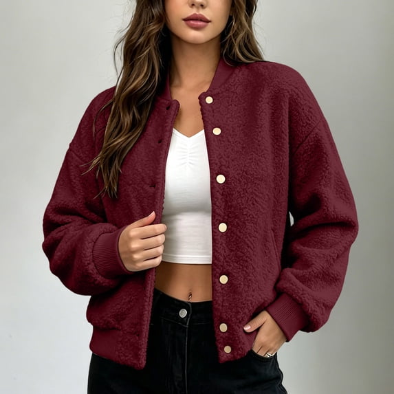 Karymi Button‑Down Fake Sherpa Fleece Jacket, Solid Stand Collar Long Sleeve Casual Short Outerwear with Side Pockets