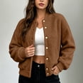 thumbnail image 1 of Karymi Button‑Down Fake Sherpa Fleece Jacket, Solid Stand Collar Long Sleeve Casual Short Outerwear with Side Pockets, 1 of 6