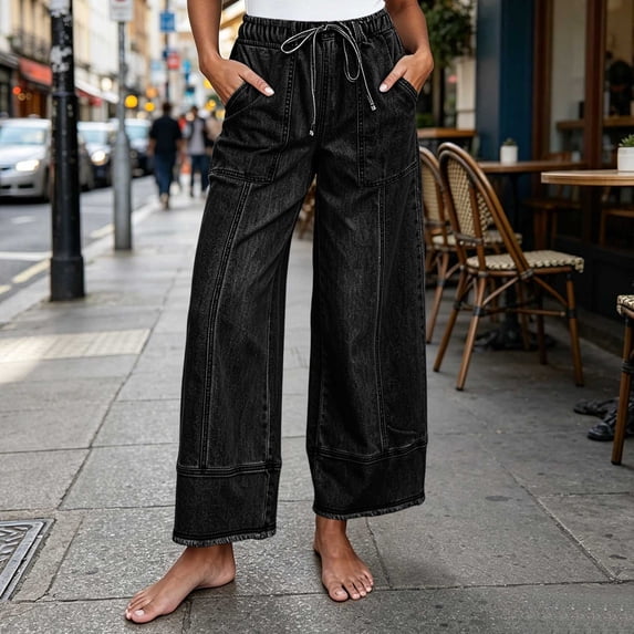 Karymi Capri Pants for Women Elastic Drawstring High Waist Wide Leg Denim Pants, Stitch Patchwork Raw Frayed Hem Casual Jeans with Big Side Patch Pockets Linen Pants Women