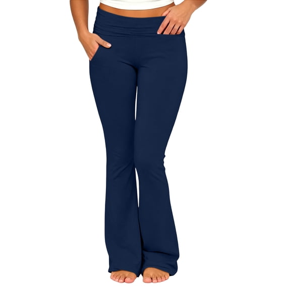 Karymi Capri Pants for Women Fold Over High Waist Flared Yoga Pants, Solid Slim Fit Bootcut Casual Lounge Trousers with Side Pockets, Stretchy Workout Pants Athletic Shorts for Women