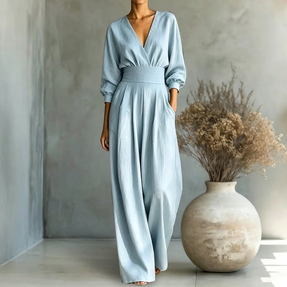 Karymi Capri Pants for Women Solid V Neck Wrap Jumpsuit, 3/4 Lantern Sleeve Elastic High Waist Wide Leg Long Romper Pants, Pleated Front Side Pockets Jumpsuit Women's Shorts