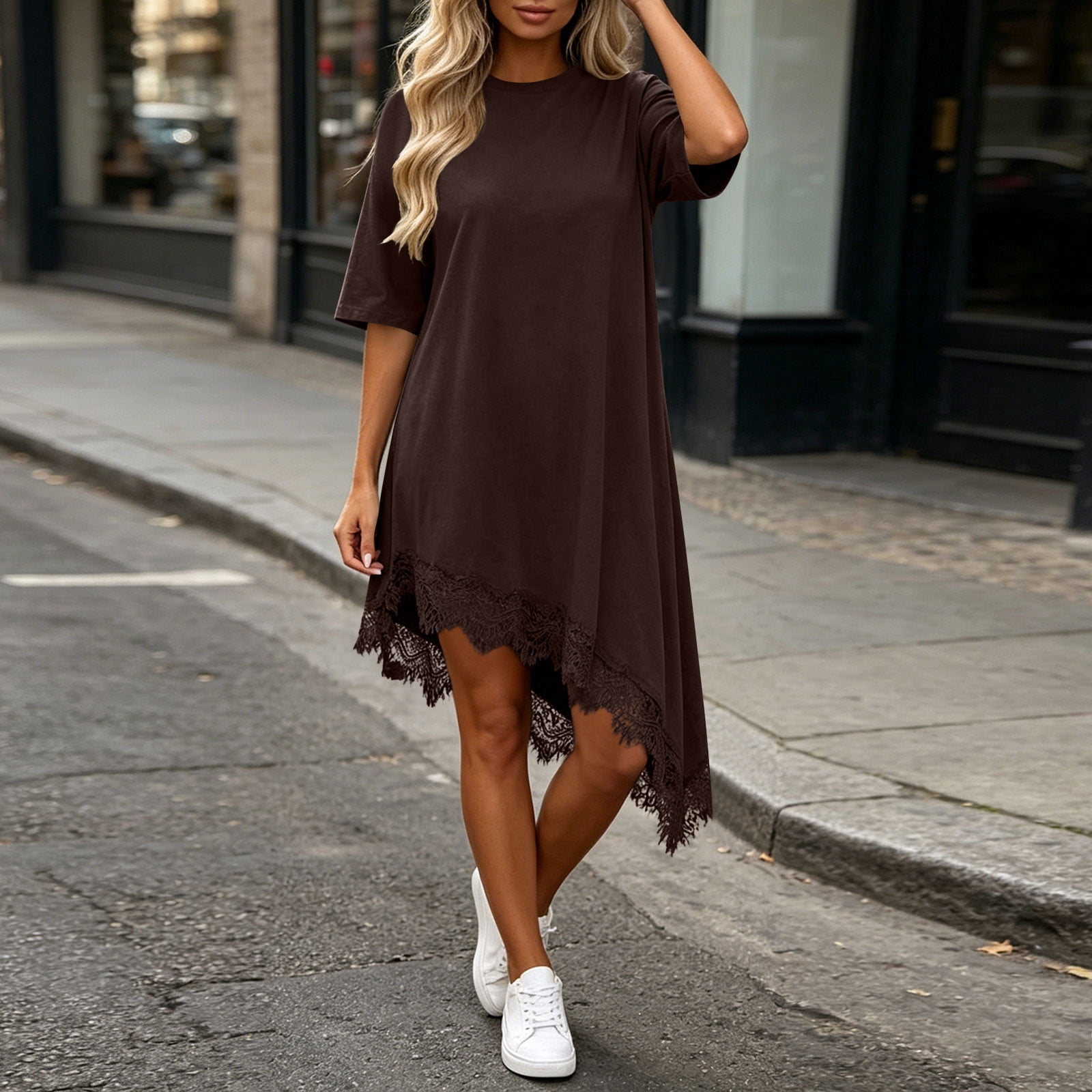 asymmetrical t shirt dress Karymi Casual Solid T-Shirt Dress, Round Neck Half Sleeve Loose Swing with Lace Hem, Summer High-Low Flowy Dress Summer Dresses for size-22 Asymmetrical Fringed T ASTR the Label Christie Size:XS (> 168 cm)
