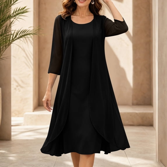 Karymi Chiffon 2-Piece Dress Set, Round Neck Sleeveless Midi Dress with Back Zipper + 3/4 Sleeve Sheer Open Cardigan, Party Dress Womens Dresses