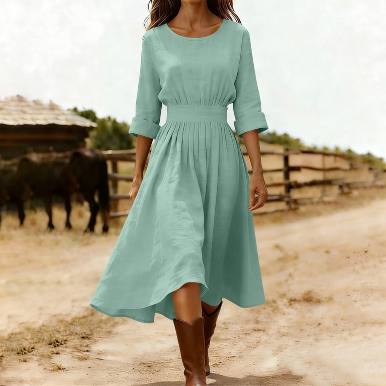 Karymi Cocktail Dresses for Women Round Neck Fake Cotton Linen Midi Dress, 3/4 Rolled Sleeve Solid High Waist A-Line Dress with Back Zipper, Flowy
