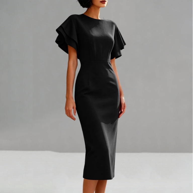 Karymi Cocktail Dresses for Women Solid Crew Neck Ruffle Flutter Sleeve Bodycon Midi Dress, Back Split Slim Pencil Sheath Dress Formal Office Wedding