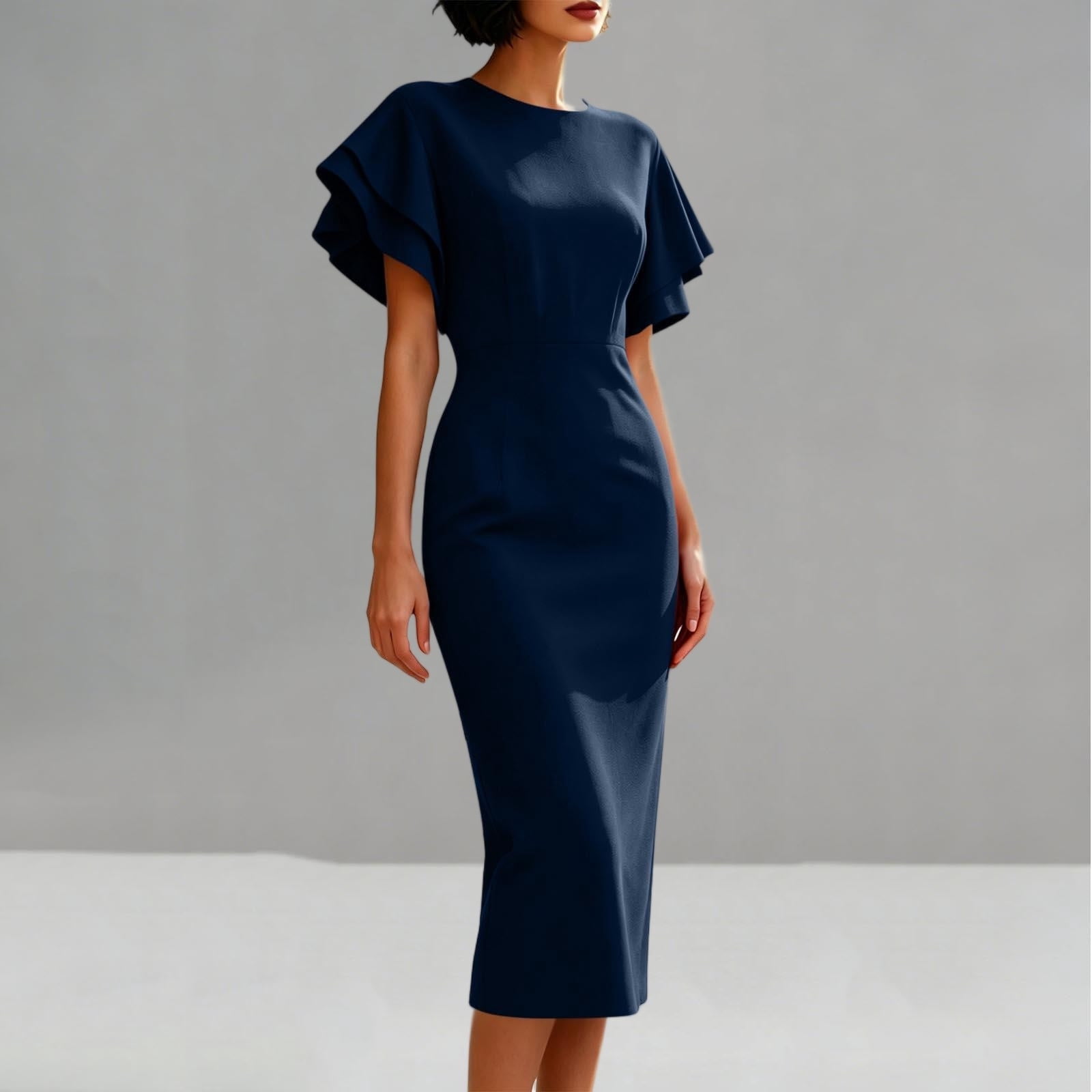 Karymi Cocktail Dresses for Women Solid Crew Neck Ruffle Flutter Sleeve Bodycon Midi Dress, Back Split Slim Pencil Sheath Dress Formal Office Wedding 
