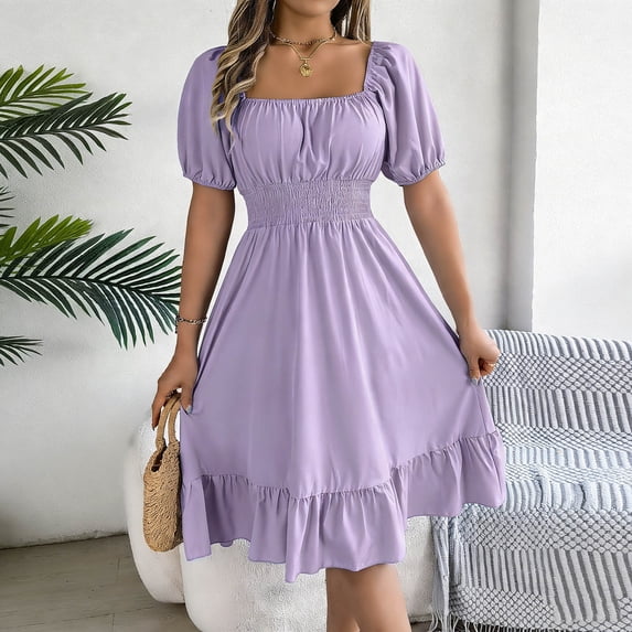 Karymi Cocktail Dresses for Women Square Neck Solid Puff Sleeve Dress, Stretchy Smocked Waist Flowy Ruffle Hem Summer Sundress Fore Dates Daily Spring Dresses