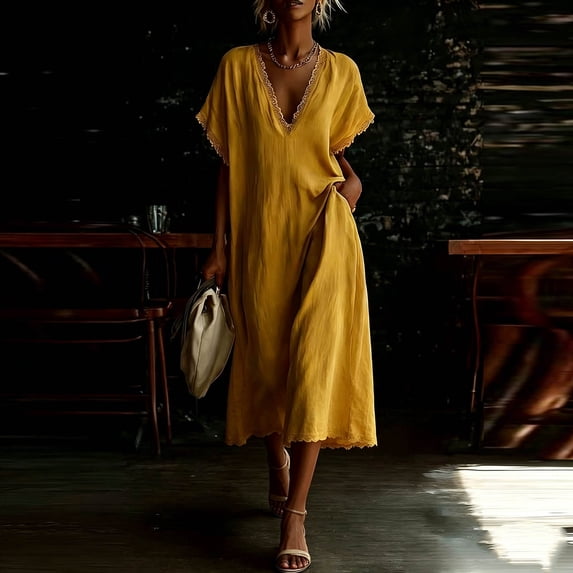Karymi Summer Dresses for Women 2026 Lace Trim Solid Midi Dress, Loose Fit V-Neck Casual Summer Sundress with Pockets Batwing Short Sleeve Shift Dress Womens Dresses