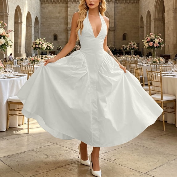 Karymi Cocktail Dresses for Women Halter Deep V Maxi Dress, Solid Sleeveless High Waist Pleated A-Line Flowy Long Evening Party Dress