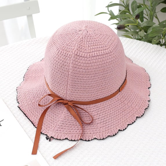 Karymi Cowboy Hat Crochet Lace Sun Hat with Bow, Wide Brim Protection Sun Scalloped Edge Bucket Hat, Foldable Breathable Outdoor Sun Cap Trucker Hat