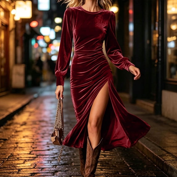 Karymi Crew Neck Velvet Midi Dress for Women, Long Sleeve Ruched High Slit Bodycon Dress, Solid Fitted Waist Winter Cocktail Party Evening