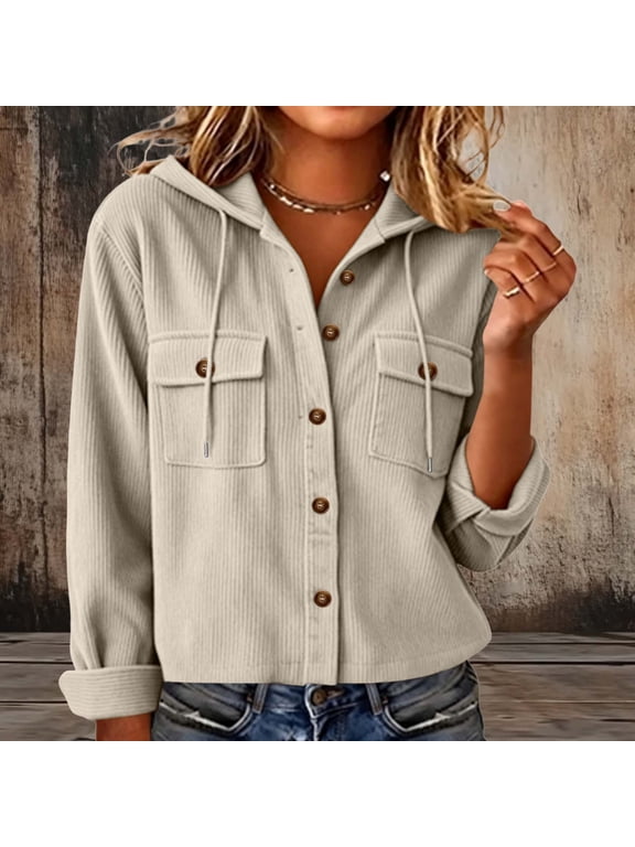 Karymi Cropped Corduroy Hooded Jackets for Women, Long Roll‑Up Sleeve Button Down Jacket with Dual Flap Chest Pockets Ribbed Texture