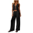 thumbnail image 1 of Karymi Cute Tops for Women 2 Piece Beach Outfit, Halter Deep V Ruffle Crop Tank Top & Drawstring Wide Leg Pants, Lightweight Vacation Matching Set Women's Clothing, 1 of 5