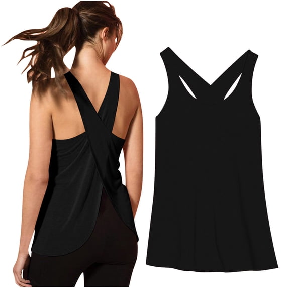 Karymi Cute Tops for Women Cross Back Keyhole Cutout Open Back Sleeveless Tank Top, Crew Neck Quick‑Dry Curved Hem Relaxed Athletic Top Casual Yoga Camisole Shirts for Women