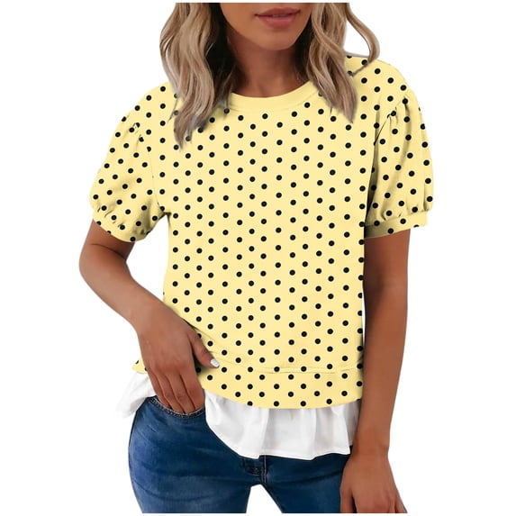 Karymi Cute Tops for Women Polka Dot Puff Short Sleeve T-Shirt, Crew Neck Fake Two Piece Ruffle Layered Hem Casual Pullover Tee Going Out Tops for Women