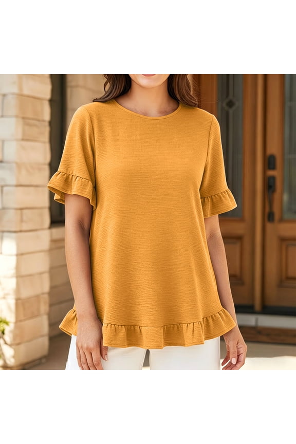 Cute Tops for Women Solid Knit Shift Top, Crew Neck Ruffle Flounce Short Sleeve Loose A Line Curved Ruffle Hem Pullover Blouse Plus Size Tops for Women