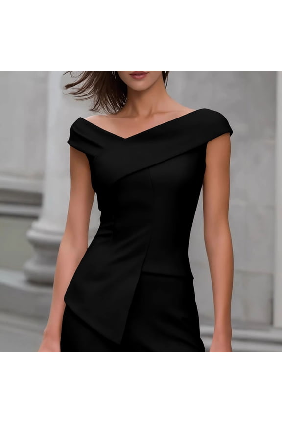 Cute Tops for Women Solid Off Shoulder Wrap V Neck Blouse, Cap Short Sleeve Asymmetric Hem Fitted Top, Elegant Cross Front Shirt Tops for Women Trendy