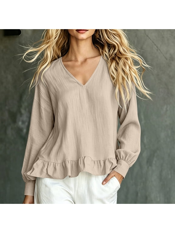 Cute Tops for Women Solid V Neck Long Sleeve Blouse, Bubble Cuff Ruffle Hem Loose Linen Blend Pullover Top, Casual Lightweight Shirt Short Sleeve Shirts for Women