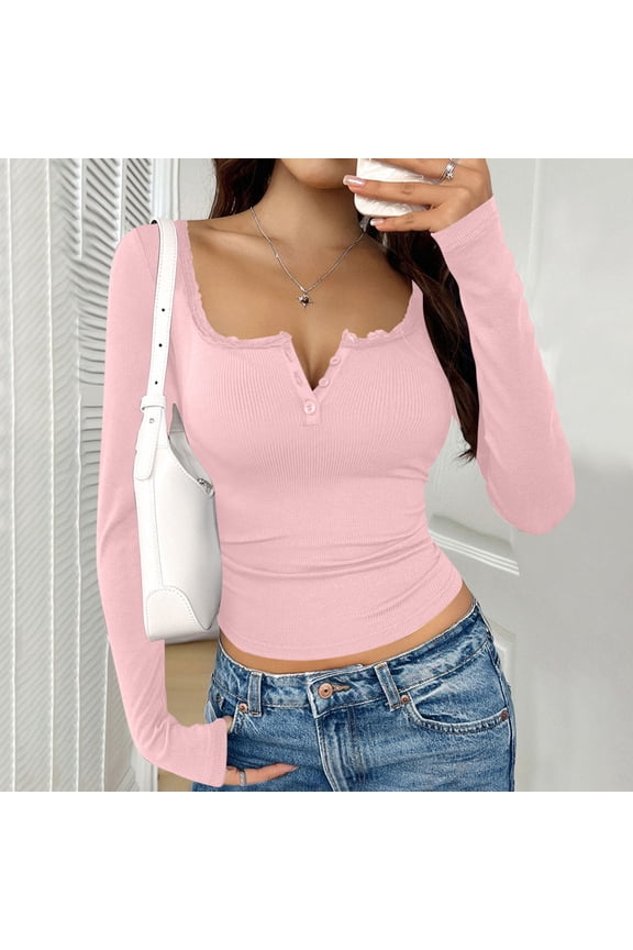 Cute Tops for Women Lace Trim Henley Notch V Neck Ribbed Long Sleeve Crop Top, Slim Fitted Button Front Basic T-Shirt Womens Blouses