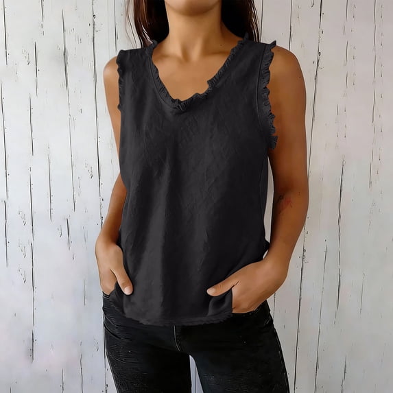 Karymi Cute Tops for Women Solid Ruffled Trim Curved V‑Neck Crinkled Textured Sleeveless Tank Top, All‑Around Ruffled Edge Detail Vest Womens Blouses