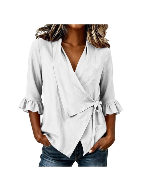 Cute Tops for Women Wrap V Neck Side Tie Blouse, Ruffle Elbow Flare Sleeve Faux Fake Linen Textured Casual Solid Shirt Top Womens Blouses