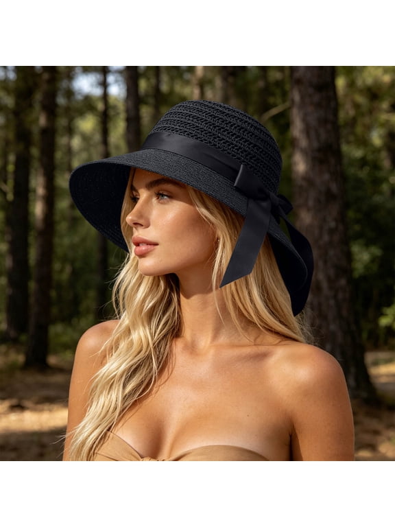 Derby Hat Crochet Sun Hat with Bow, Wide Brim Protection Sun Straw Visor, Breathable Foldable Summer Beach Sun Hat for Outdoor Travel Beach Hat