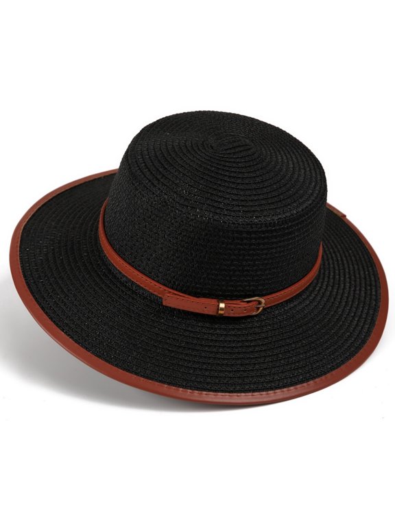 Derby Hats for Women Classic Flat Crown Fine Hand Woven Straw Sun Hat, Six Band Options: Metal Bar Buckle, Pearl Floral Ornament, Ruched Chiffon Wrap Derby Hat