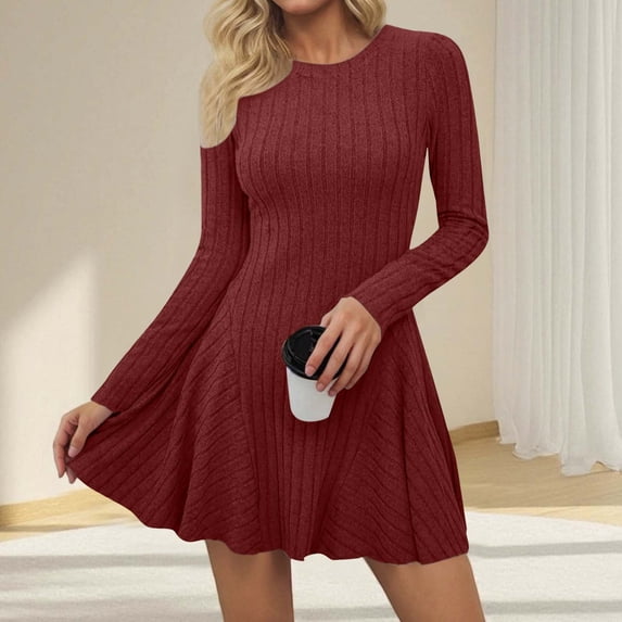 Karymi Dresses for Women Brushed Ribbed Knit Dress, Crew Neck Long Sleeve Slim Fit High Waist Flowy A Line Short Dress for Fall Winter Daily
