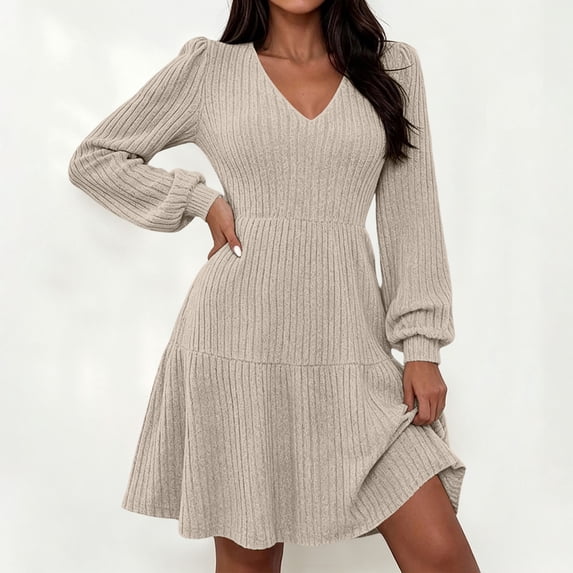 Karymi Dresses for Women Brushed Ribbed Knit Mini Dress Deep V Neck Lantern Long Sleeve High Waist Flared Ruffle Hem Casual Fall Short Dress