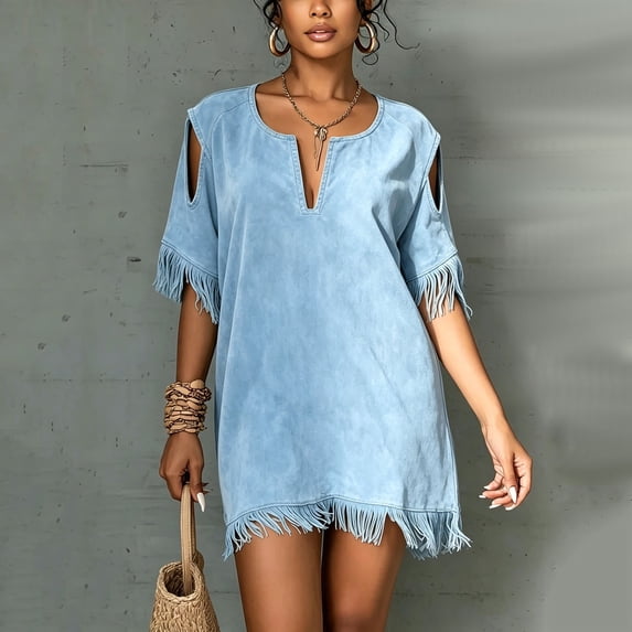 Karymi Easter Dress Boho Beach Vacation Tassel Mini Dress, Notch V Neck Cold Shoulder Cutout Short Sleeve Loose Shift Cover Up Dress Cocktail Dresses for Women