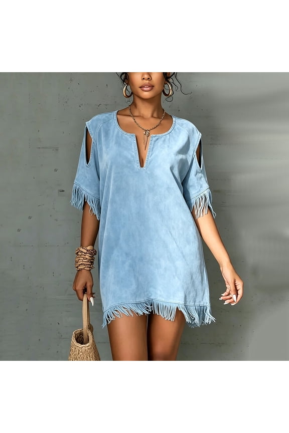 Easter Dress Boho Beach Vacation Tassel Mini Dress, Notch V Neck Cold Shoulder Cutout Short Sleeve Loose Shift Cover Up Dress Cocktail Dresses for Women