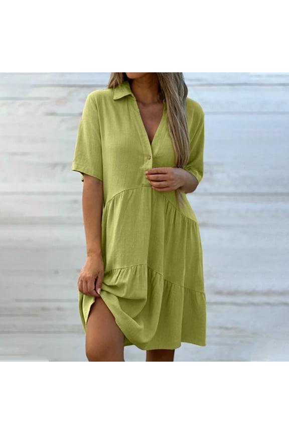 Easter Dress Casual Shirt Dress, Collared V-Neck Short Sleeve Tiered Flowy Midi Dress, Button Down Loose Babydoll Tunic Dress Plus Size Dresses